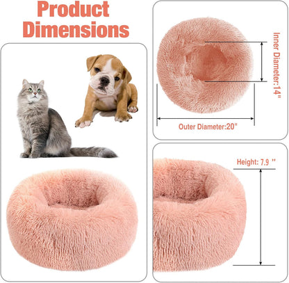 Calming Dog Bed,Cozy Soft round Dog Beds for Medium Large Dogs,Fluffy Plush Cat Beds for Indoor Washable, Warming Donut Pet Beds Big Dog Bed Cushion for Crate Kennel Round-Pink 19.7'