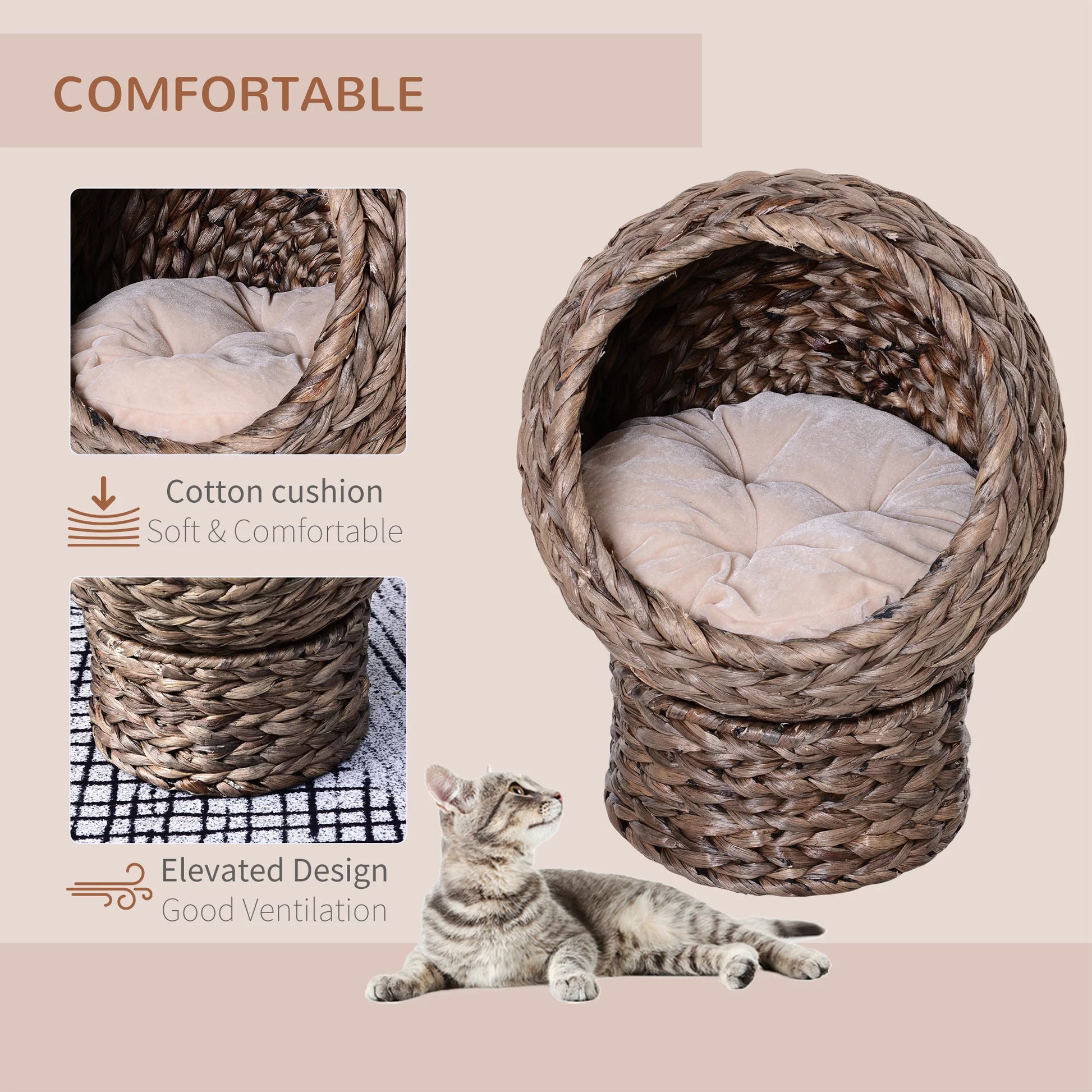 20" Rattan Elevated Cat Bed Egg Chair, Cat Basket Bed, Dark Brown