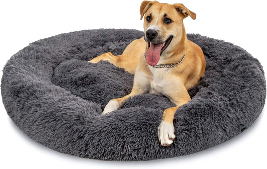 45In Dog Bed Self-Warming Plush Shag Fur Donut Calming Pet Bed Cuddler W/Water-Resistant Lining, Raised Rim - Gray