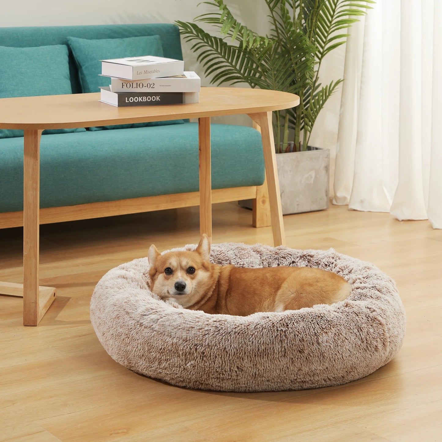 Calming Donut Dog Cuddler Bed, 30" round Plush Pet Bed for Medium Dogs, Brown