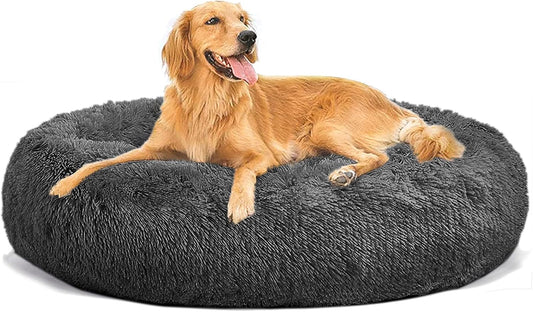 Calming Donut Dog Bed for Small Medium Large Dogs, Washable Plush round Cat Bed, Anti-Slip Faux Fur Fluffy Donut Cuddler anti Anxiety Dog Bed, Fits up to 15-100 Lbs, 23/31/43/47 Inches