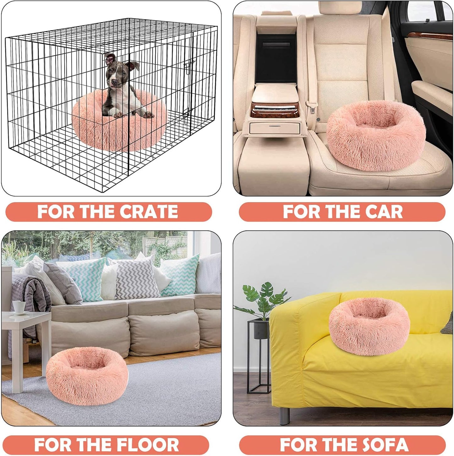 Calming Dog Bed,Cozy Soft round Dog Beds for Medium Large Dogs,Fluffy Plush Cat Beds for Indoor Washable, Warming Donut Pet Beds Big Dog Bed Cushion for Crate Kennel Round-Pink 19.7'