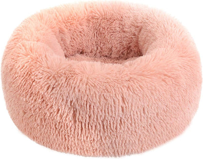 Calming Dog Bed,Cozy Soft round Dog Beds for Medium Large Dogs,Fluffy Plush Cat Beds for Indoor Washable, Warming Donut Pet Beds Big Dog Bed Cushion for Crate Kennel Round-Pink 19.7'