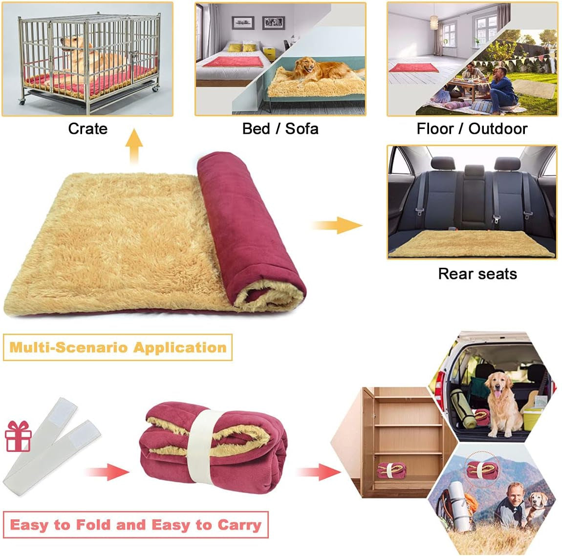 Dog Crate Bed,Dog Pad for Large Dogs,Machine Washable Dog Bed,Dog Mats for Sleeping,Car Dog Blanket with Storage Rope,Dog Mat for Sleeping Is Suitable for Indoor and Outdoor Use.