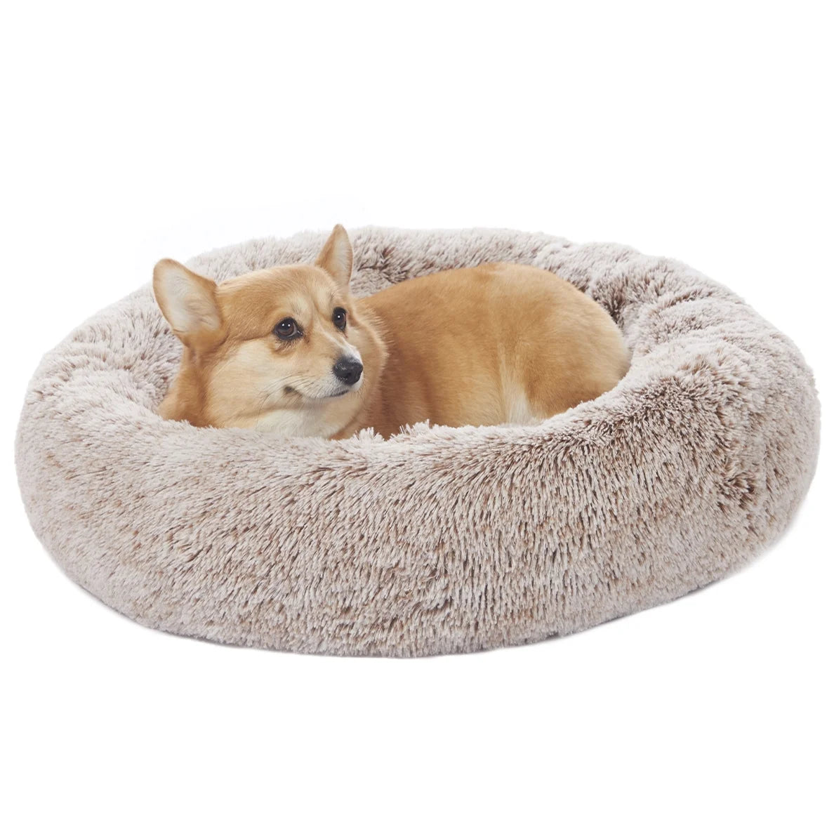 Calming Donut Dog Cuddler Bed, 30" round Plush Pet Bed for Medium Dogs, Brown