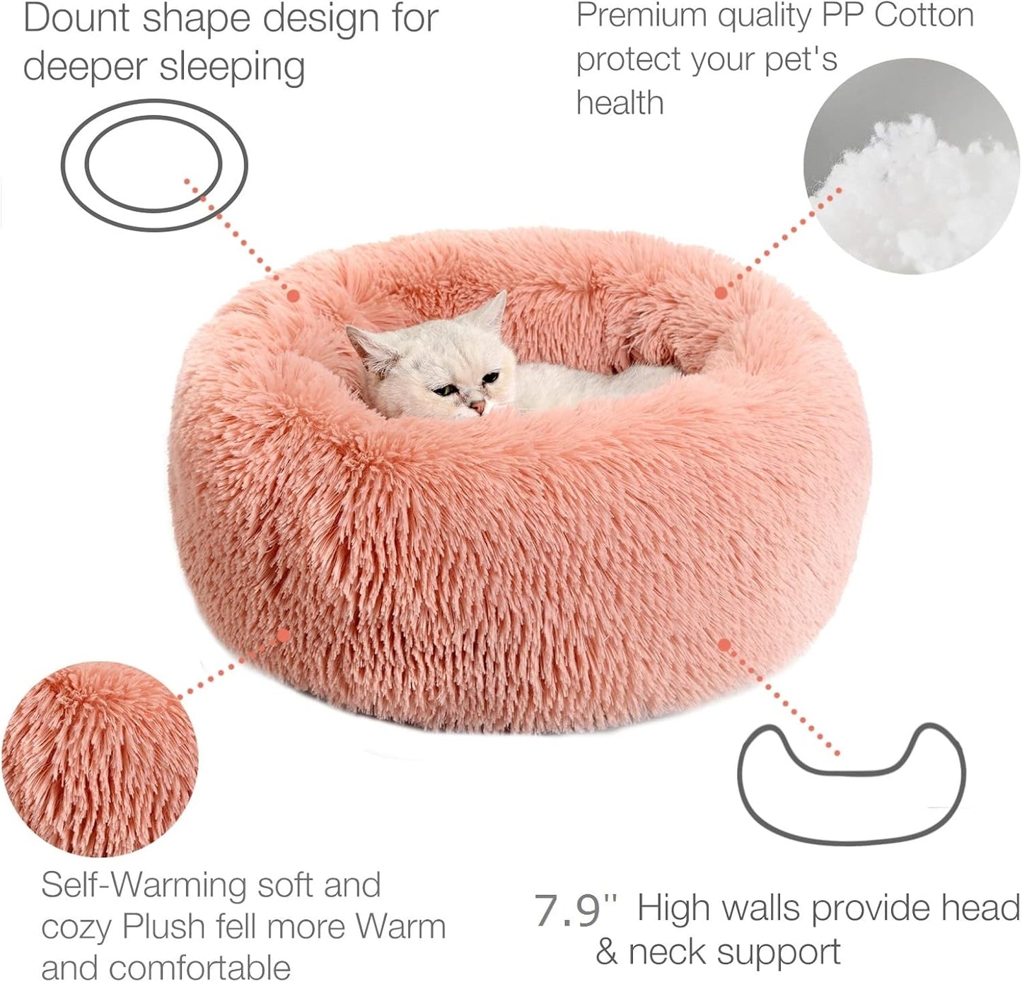 Calming Dog Bed,Cozy Soft round Dog Beds for Medium Large Dogs,Fluffy Plush Cat Beds for Indoor Washable, Warming Donut Pet Beds Big Dog Bed Cushion for Crate Kennel Round-Pink 19.7'