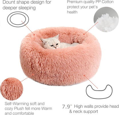 Calming Dog Bed,Cozy Soft round Dog Beds for Medium Large Dogs,Fluffy Plush Cat Beds for Indoor Washable, Warming Donut Pet Beds Big Dog Bed Cushion for Crate Kennel Round-Pink 19.7'