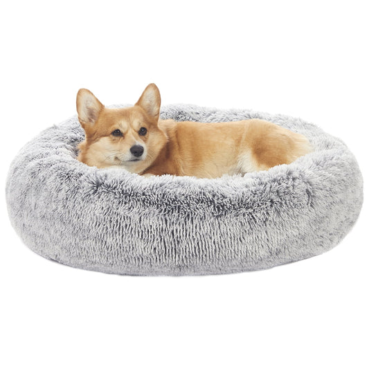 Calming Donut Dog Cuddler Bed, 30" round Plush Pet Bed for Medium Dogs, Dark Grey