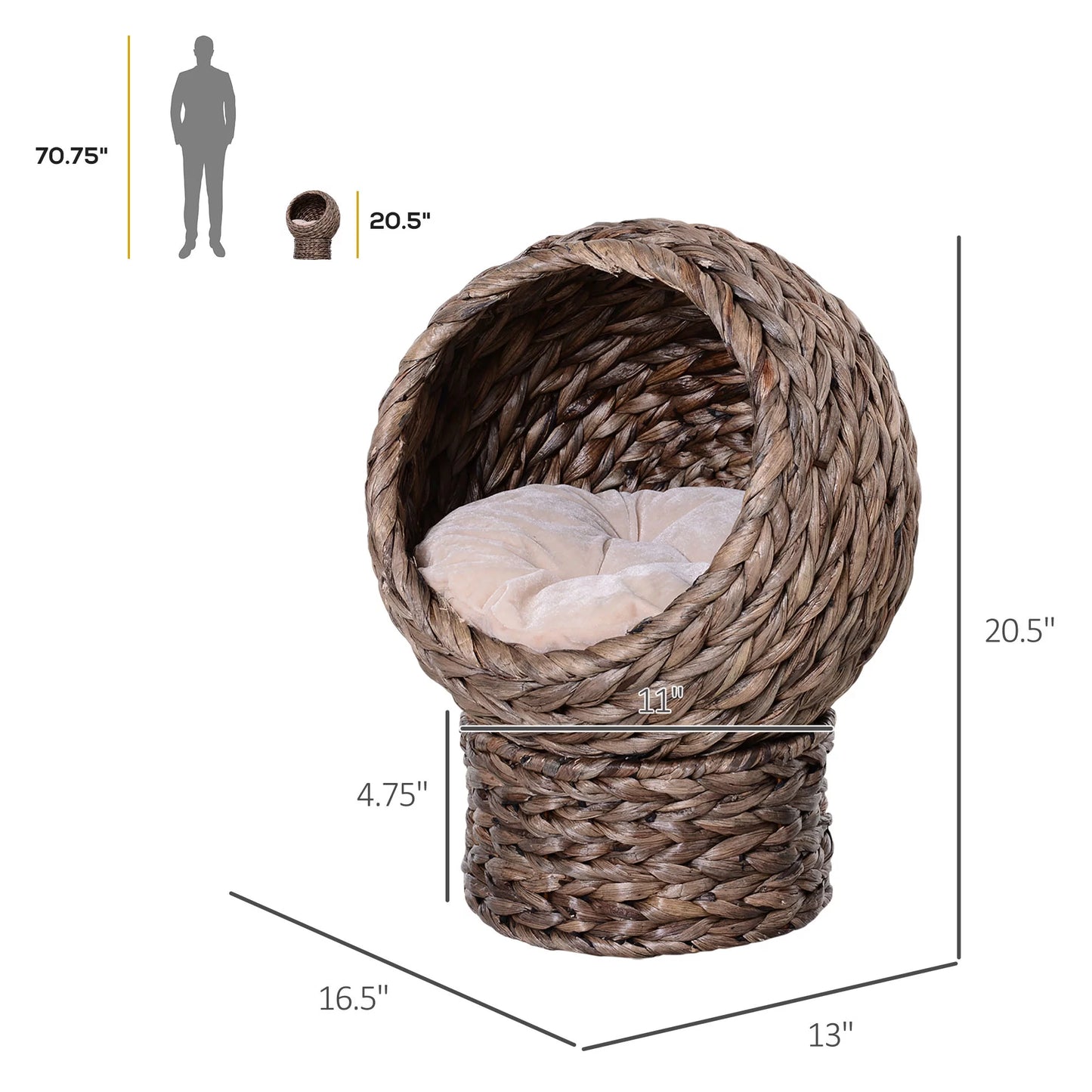 20" Rattan Elevated Cat Bed Egg Chair, Cat Basket Bed, Dark Brown