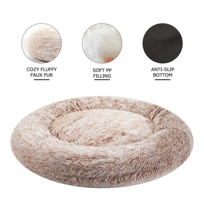 Calming Donut Dog Cuddler Bed, 30" round Plush Pet Bed for Medium Dogs, Brown