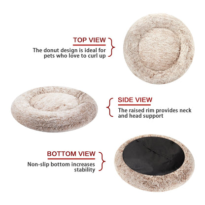 Calming Donut Dog Cuddler Bed, 30" round Plush Pet Bed for Medium Dogs, Brown